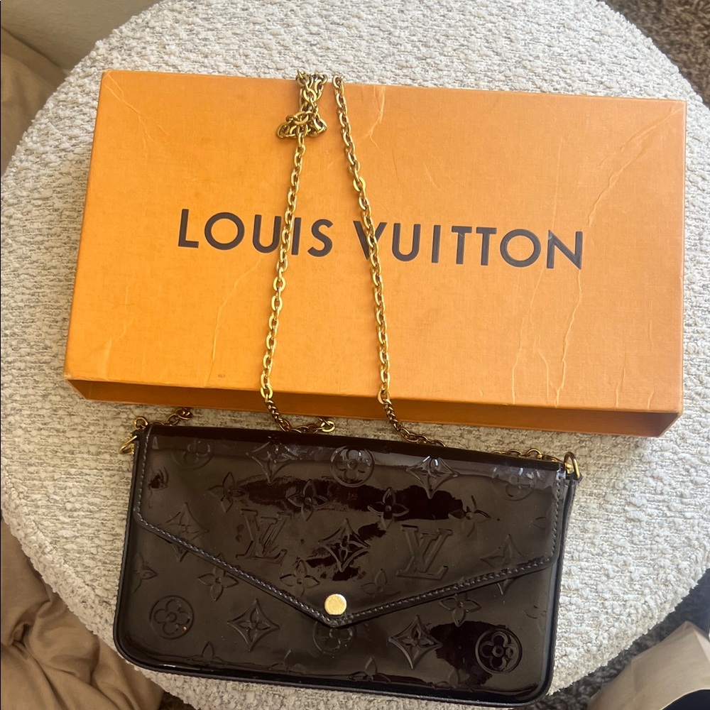 Louis Vuitton Black Patent Leather Crossbody Bag with Gold Chain